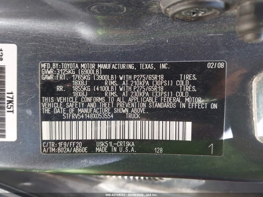 2008 TOYOTA TUNDRA VIN: 5TFRV54148X053554
