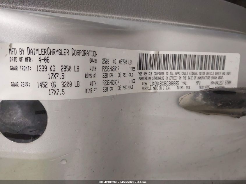 2006 Jeep Grand Cherokee Laredo VIN: 1J4GS48K36C288085 Lot: 42109266