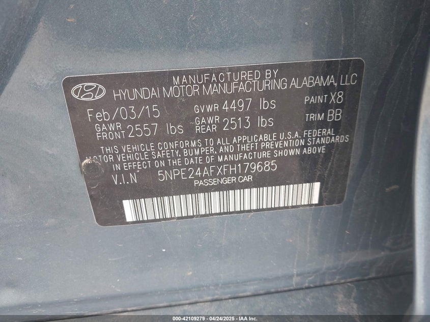 2015 HYUNDAI SONATA VIN: 5NPE24AFXFH179685