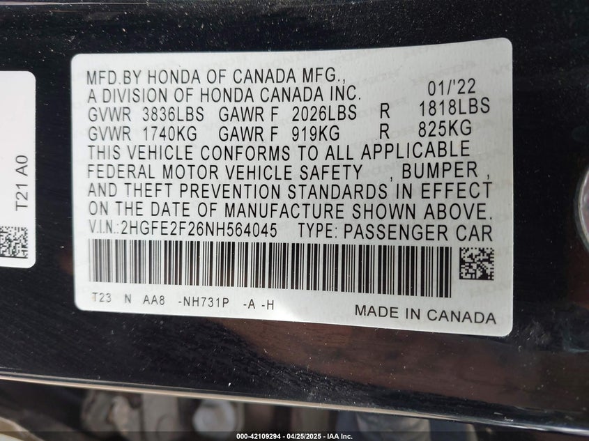 2022 HONDA CIVIC VIN: 2HGFE2F26NH564045