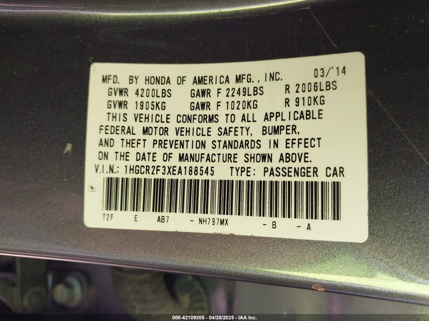 2014 HONDA ACCORD VIN: 1HGCR2F3XEA188545