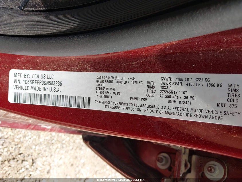 2025 RAM 1500 VIN: 1C6SRFFP0SN583236