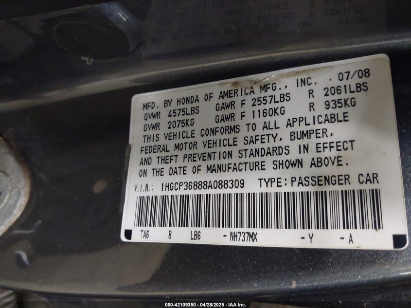 2008 HONDA ACCORD VIN: 1HGCP36888A088309