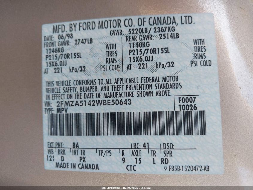 1998 Ford Windstar Wagon VIN: 2FMZA5142WBE50643 Lot: 42109368