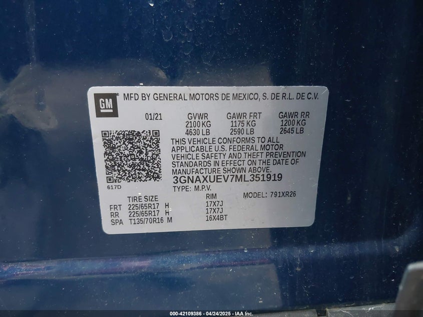 2021 CHEVROLET EQUINOX VIN: 3GNAXUEV7ML351919
