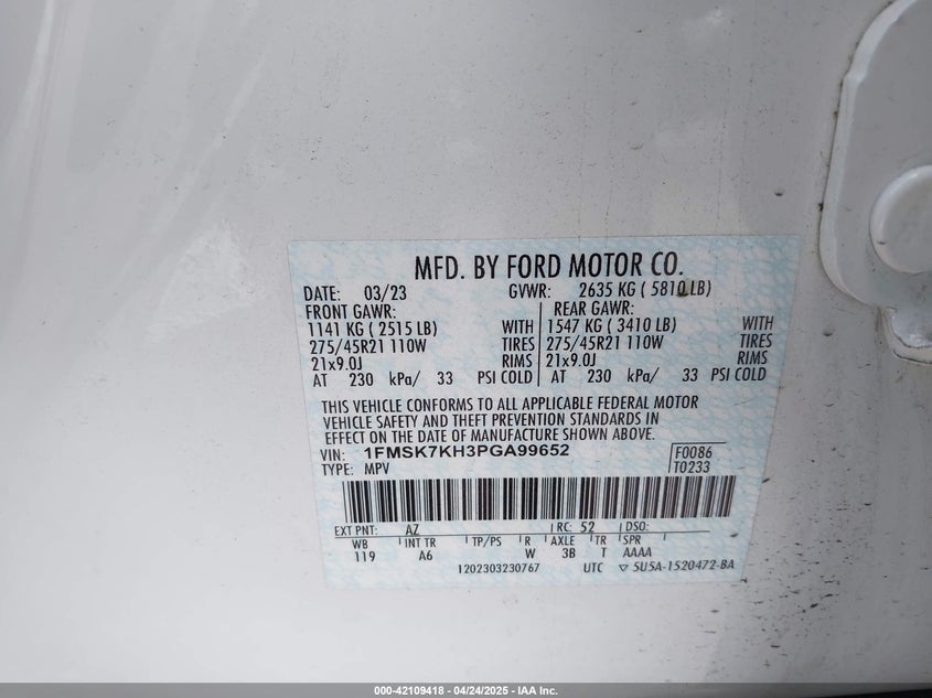 2023 FORD EXPLORER VIN: 1FMSK7KH3PGA99652