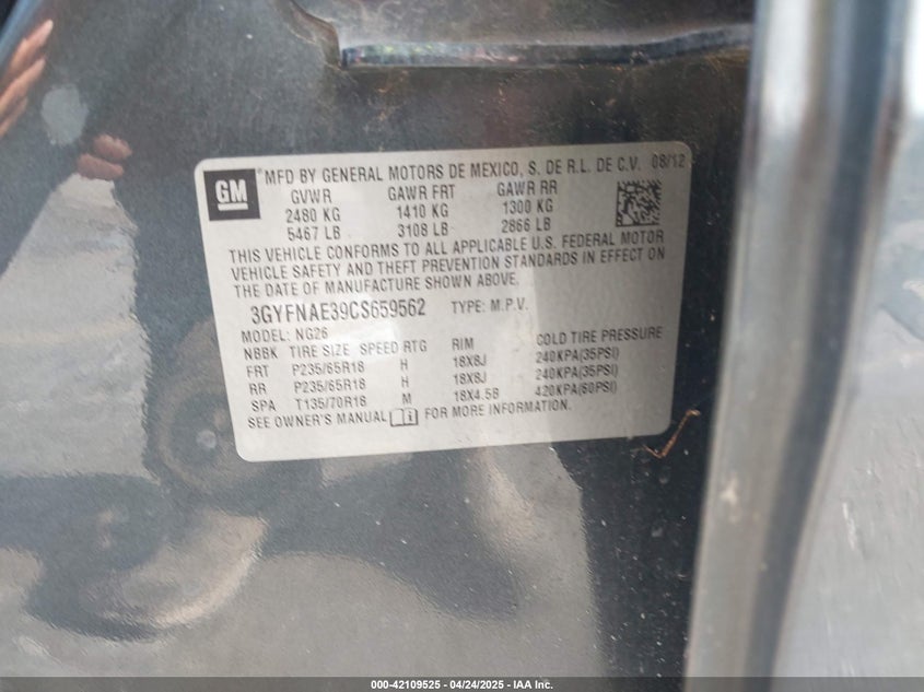 2012 CADILLAC SRX VIN: 3GYFNAE39CS659562