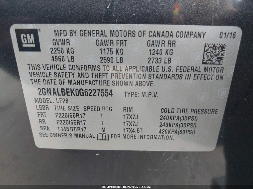 2016 CHEVROLET EQUINOX VIN: 2GNALBEK0G6227554