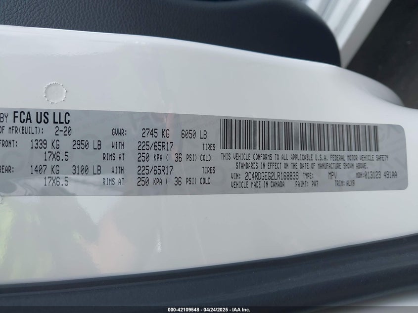 2020 DODGE GRAND CARAVAN VIN: 2C4RDGEG2LR168839