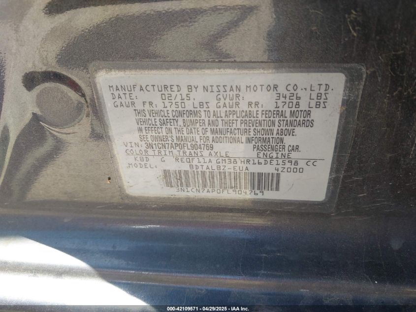 2015 Nissan Versa 1.6 S/1.6 S+/1.6 Sl/1.6 Sv VIN: 3N1CN7AP0FL90476 Lot: 42109571