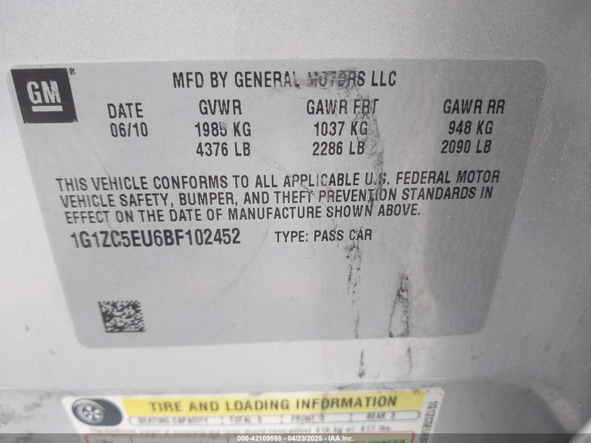 2011 CHEVROLET MALIBU VIN: 1G1ZC5EU6BF102452