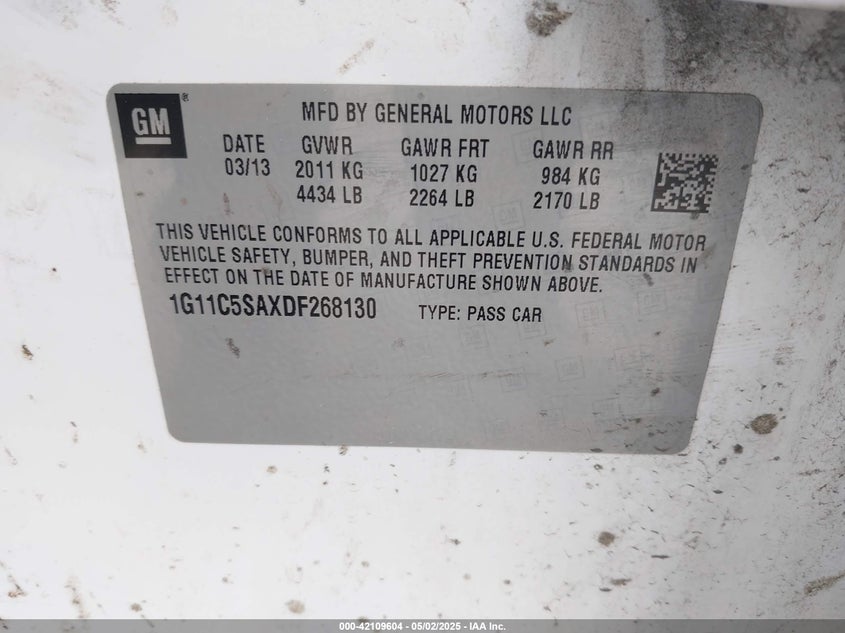 2013 Chevrolet Malibu 1Lt VIN: 1G11C5SAXDF26813 Lot: 42109604