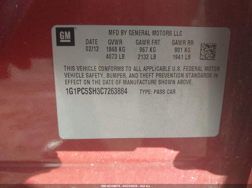2012 CHEVROLET CRUZE VIN: 1G1PC5SH3C7263884