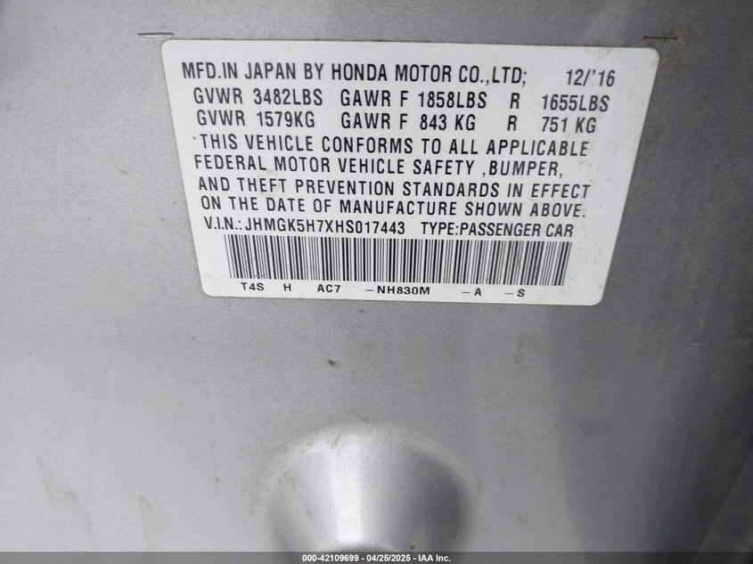 2017 HONDA FIT VIN: JHMGK5H7XHS017443