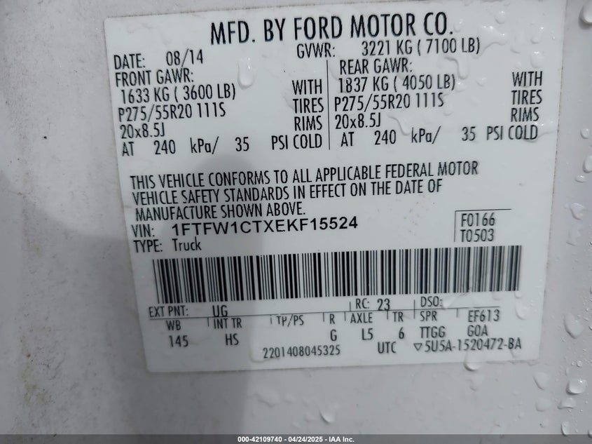 2014 FORD F150 VIN: 1FTFW1CTXEKF15524