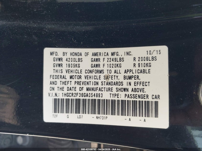 2016 HONDA ACCORD VIN: 1HGCR2F36GA054893