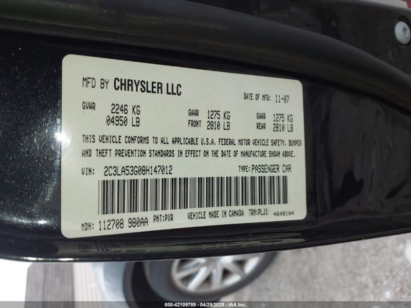 2008 Chrysler 300 Touring VIN: 2C3LA53G08H147012 Lot: 42109759