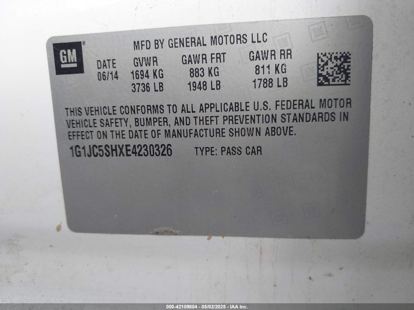 2014 CHEVROLET SONIC VIN: 1G1JC5SHXE4230326