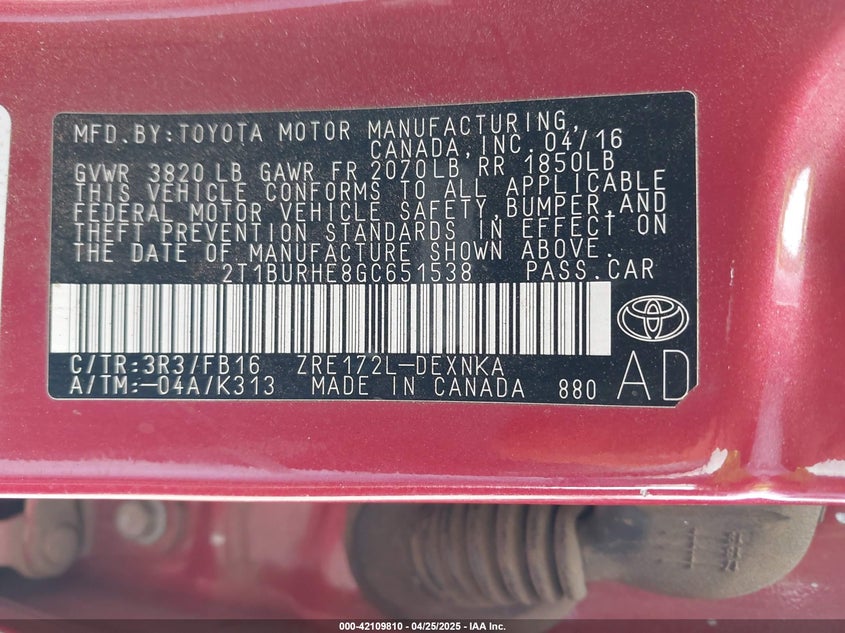2016 TOYOTA COROLLA VIN: 2T1BURHE8GC651538
