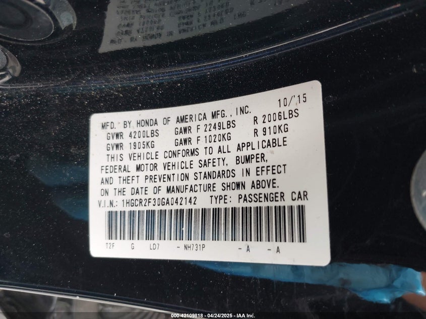 2016 HONDA ACCORD VIN: 1HGCR2F30GA042142