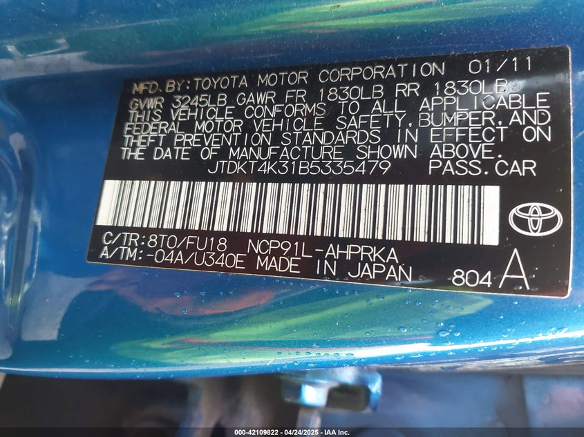 2011 TOYOTA YARIS VIN: JTDKT4K31B5335479