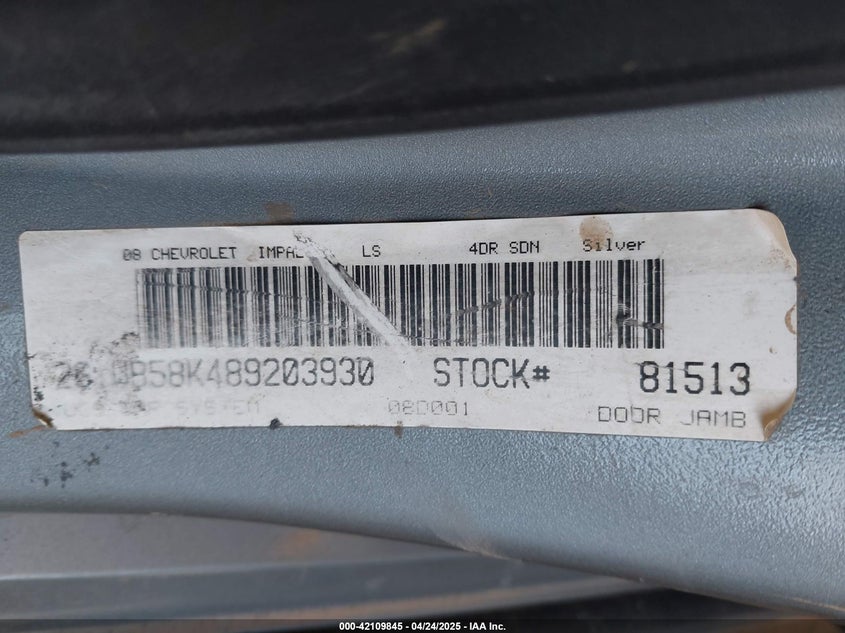 2008 CHEVROLET IMPALA VIN: 2G1WB58K489203930