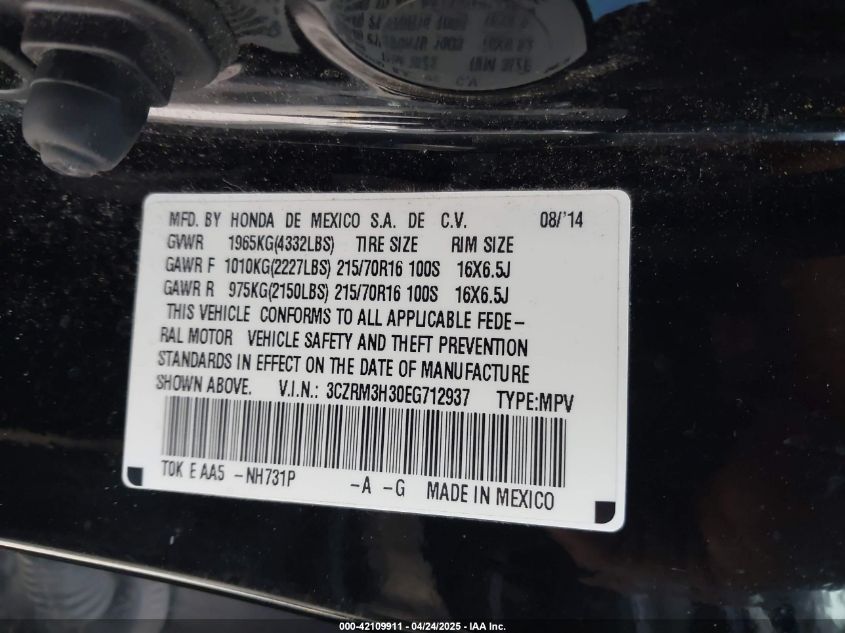 2014 Honda Cr-V Lx VIN: 3CZRM3H30EG712937 Lot: 42109911