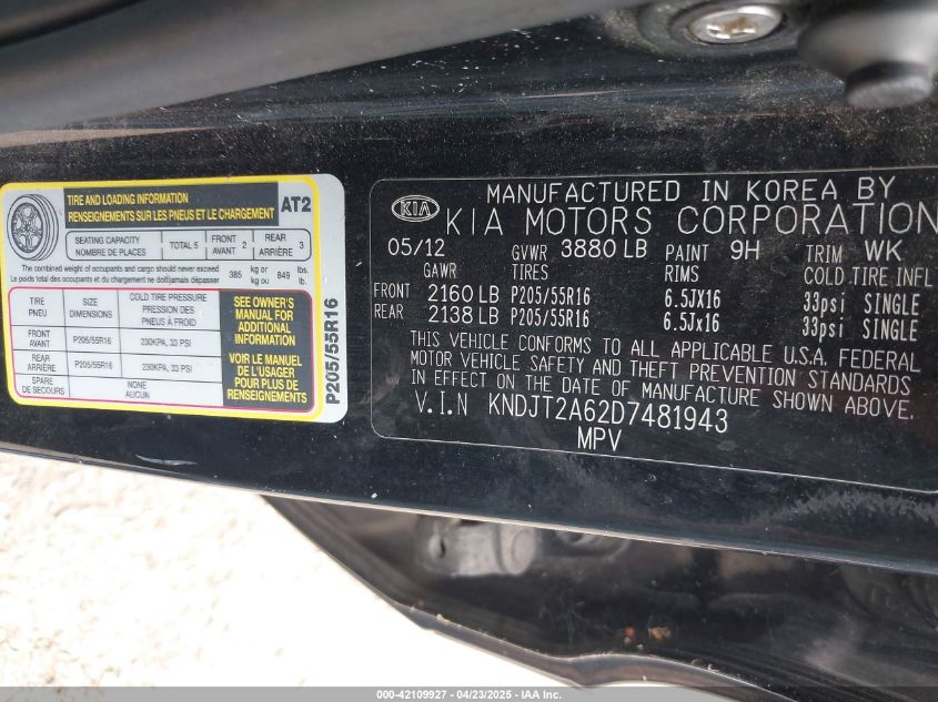 2013 Kia Soul + VIN: KNDJT2A62D7481943 Lot: 42109927