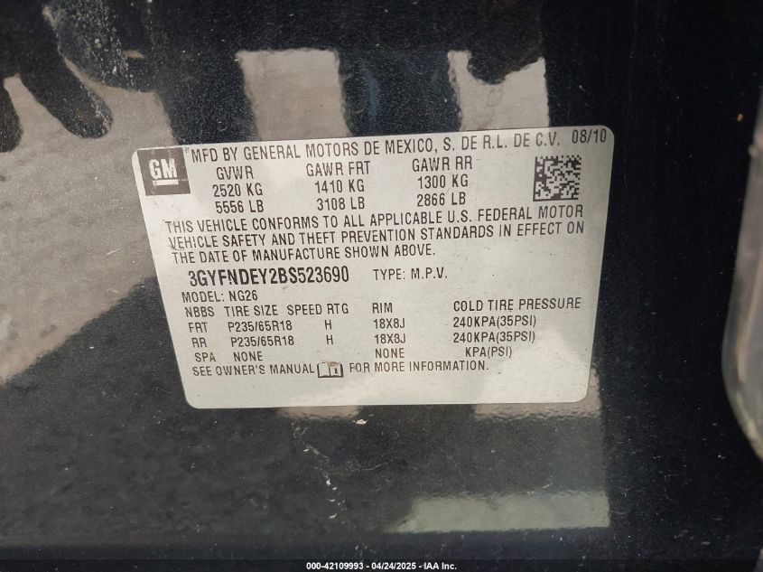 2011 Cadillac Srx Luxury Collection VIN: 3GYFNDEY2BS523690 Lot: 42109993