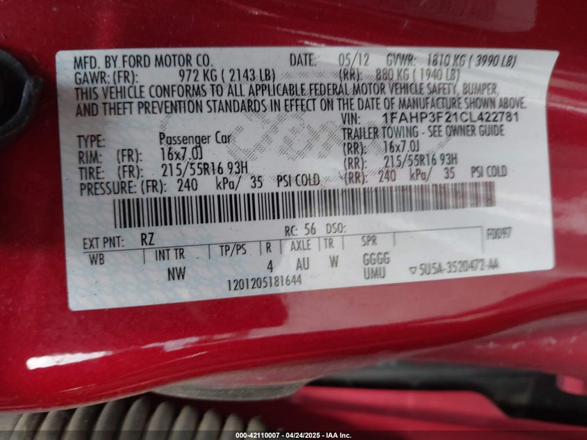 2012 FORD FOCUS VIN: 1FAHP3F21CL422781