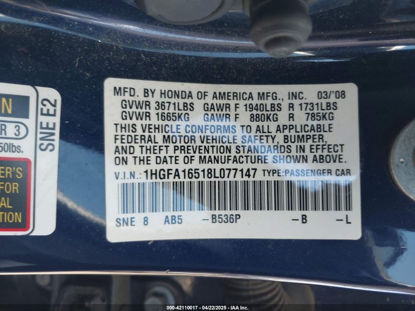 2008 Honda Civic Lx VIN: 1HGFA16518L077147 Lot: 42110017