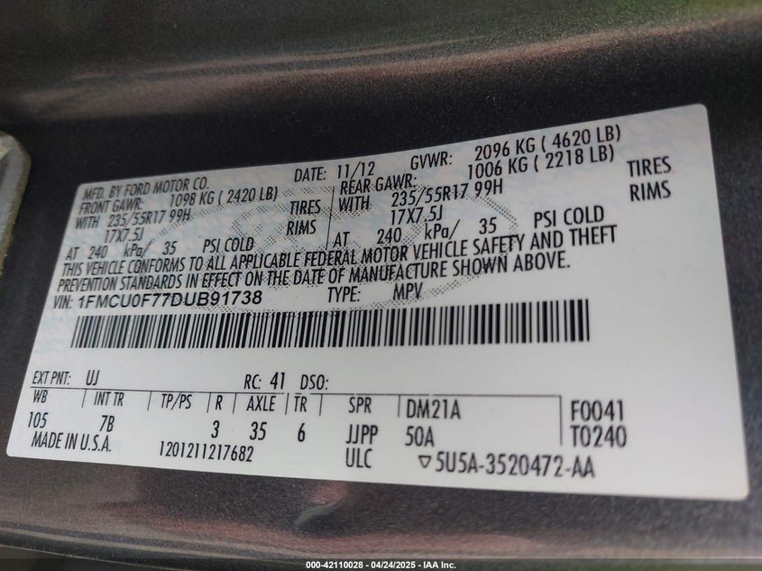 2013 FORD ESCAPE VIN: 1FMCU0F77DUB91738