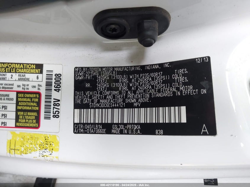 2014 TOYOTA SIENNA VIN: 5TDYK3DC6ES444121