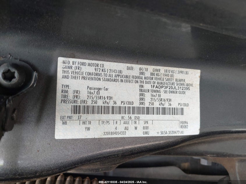 2018 FORD FOCUS VIN: 1FADP3F20JL312395