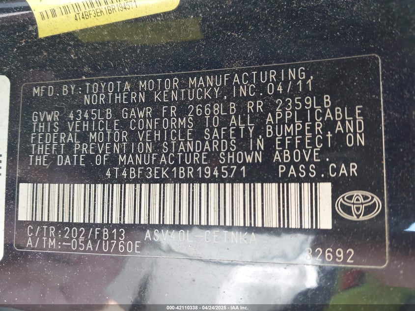 2011 TOYOTA CAMRY VIN: 4T4BF3EK1BR194571
