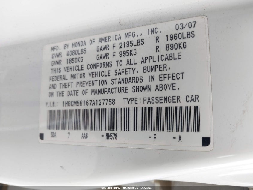 2007 HONDA ACCORD VIN: 1HGCM56167A127758