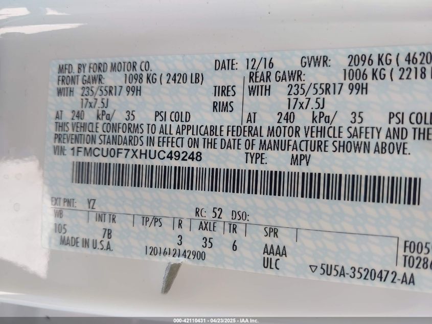 2017 Ford Escape S VIN: 1FMCU0F7XHUC49248 Lot: 42110431