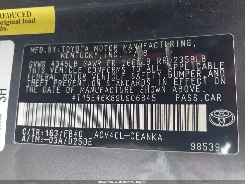 2009 Toyota Camry Le VIN: 4T1BE46K89U906845 Lot: 42110464