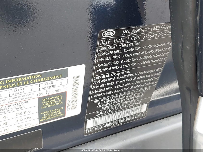 2015 LAND ROVER RANGE ROVER VIN: SALGV2TF1FA198949