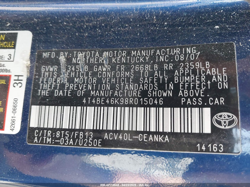 2008 TOYOTA CAMRY VIN: 4T4BE46K98R015046