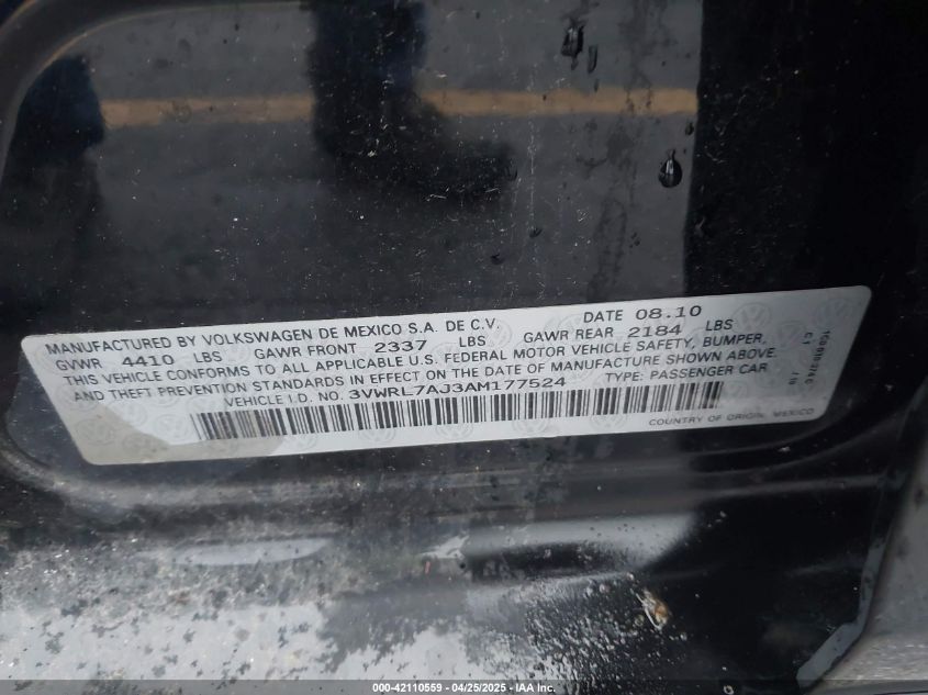 2010 Volkswagen Jetta Tdi VIN: 3VWRL7AJ3AM177524 Lot: 42110559