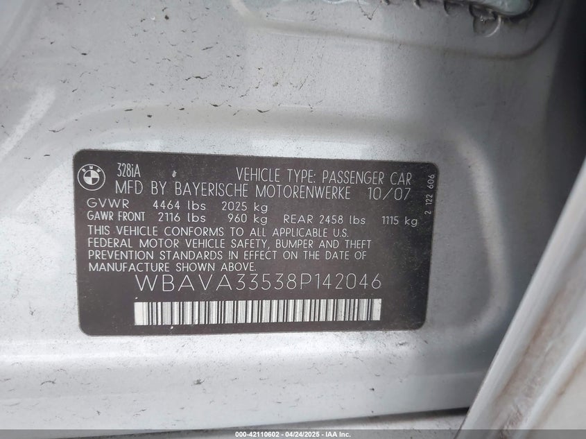 2008 BMW 328I VIN: WBAVA33538P142046