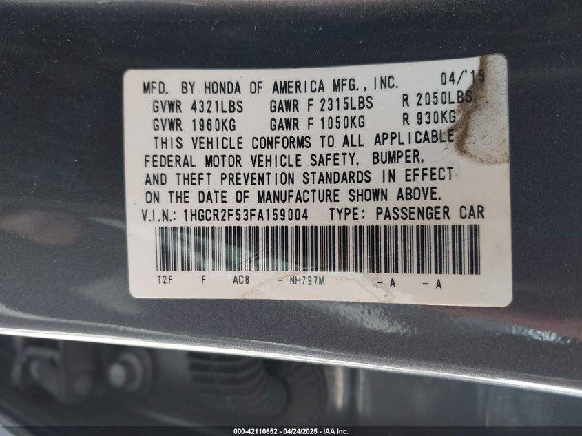 2015 HONDA ACCORD VIN: 1HGCR2F53FA159004