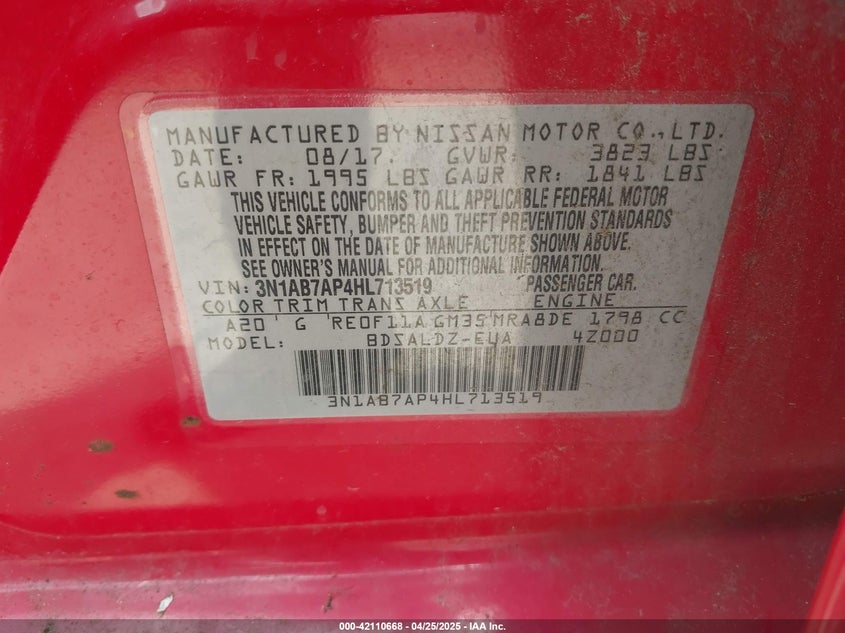 VIN 3N1AB7AP4HL713519 2017 NISSAN SENTRA SV