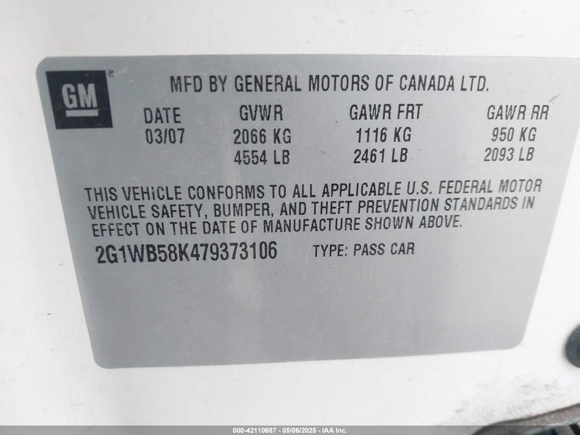 2007 CHEVROLET IMPALA VIN: 2G1WB58K479373106