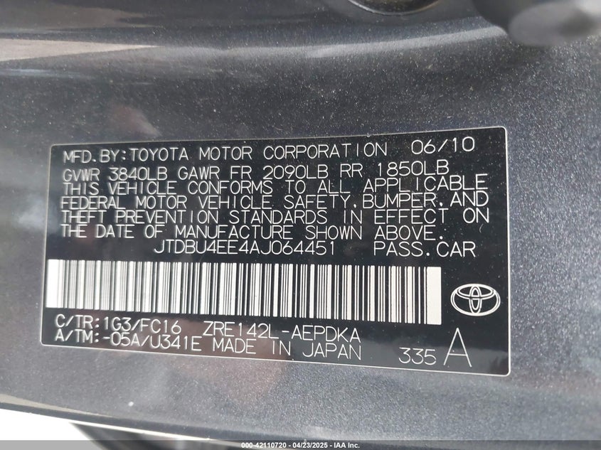 2010 TOYOTA COROLLA VIN: JTDBU4EE4AJ064451