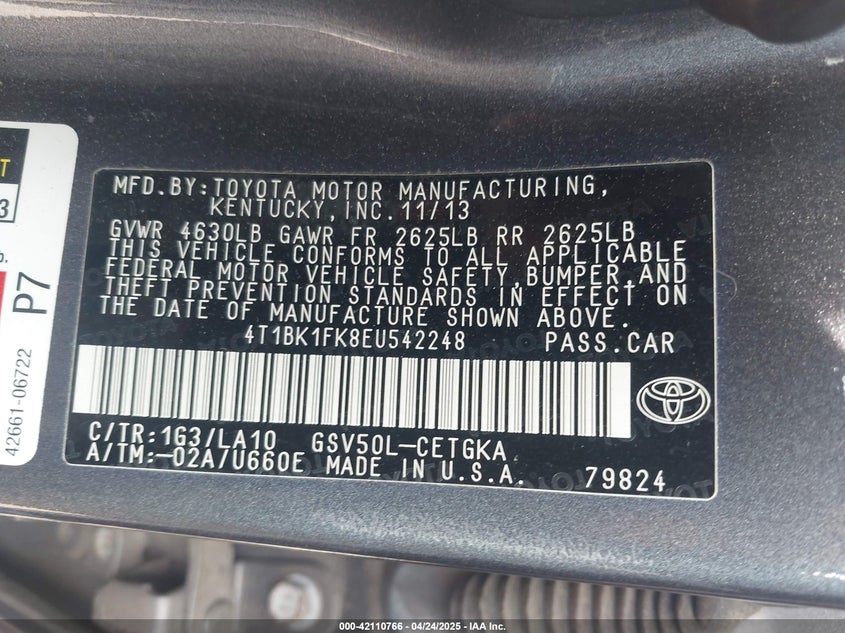2014 TOYOTA CAMRY VIN: 4T1BK1FK8EU542248
