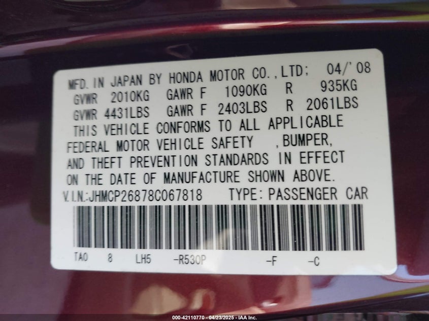 2008 HONDA ACCORD VIN: JHMCP26878C067818