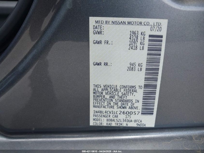 2020 Nissan Altima Sr Fwd VIN: 1N4BL4CV1LC260057 Lot: 42110810