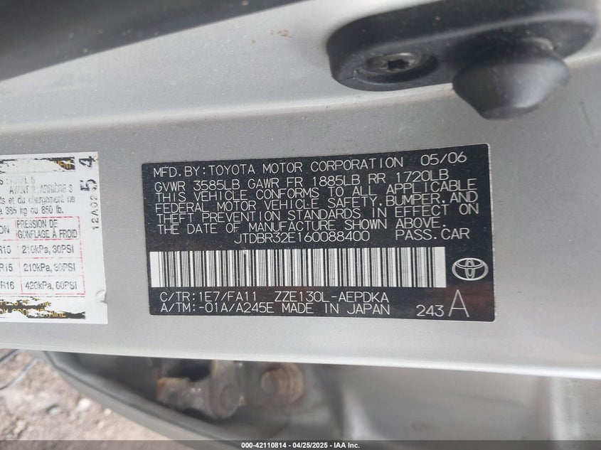 2006 TOYOTA COROLLA VIN: JTDBR32E160088400